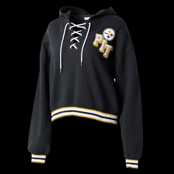 WEAR By Erin Andrews Tops - Pittsburgh Steelers WEAR By Erin Andrews Lace Up Pullover Crop Top Hoodie